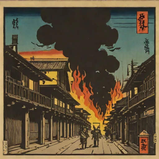 Kobayashi Kiyochika – Fire at Hirokoji in Shitaya (1881)