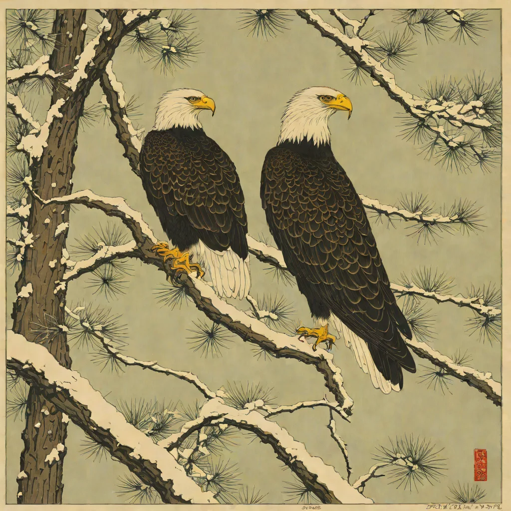 Ohara Koson, Eagle on a Snow Covered Pine Branch